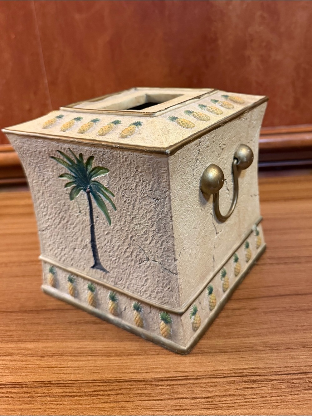 Vintage 90s Spiegel Palm Tree & Pineapple Tissue Box Cover Holder Regency Decor
